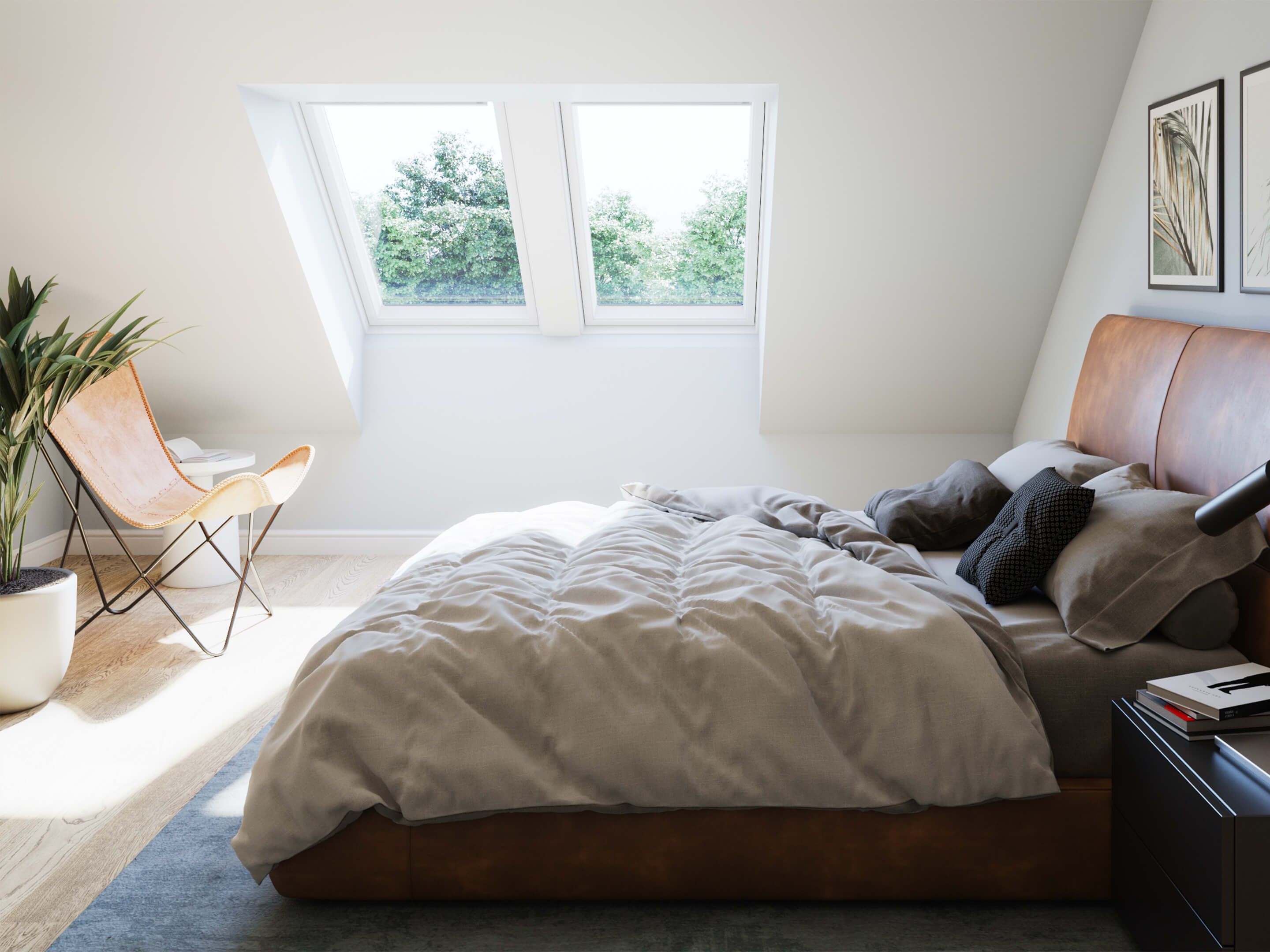 Blakus esošs VELUX jumta logs guļamistabā ar divguļamo gultu