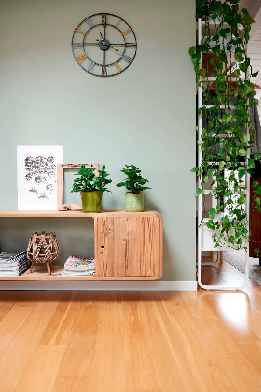 A home area with a green painted wall and cabinet with decorations